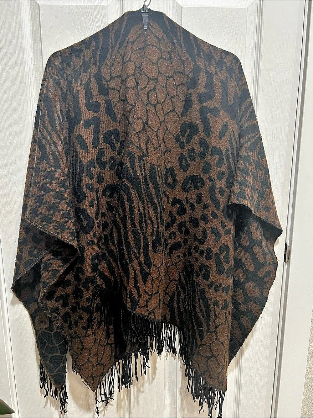 Animal Print Fringe Reversable Wrap in Brown & Black